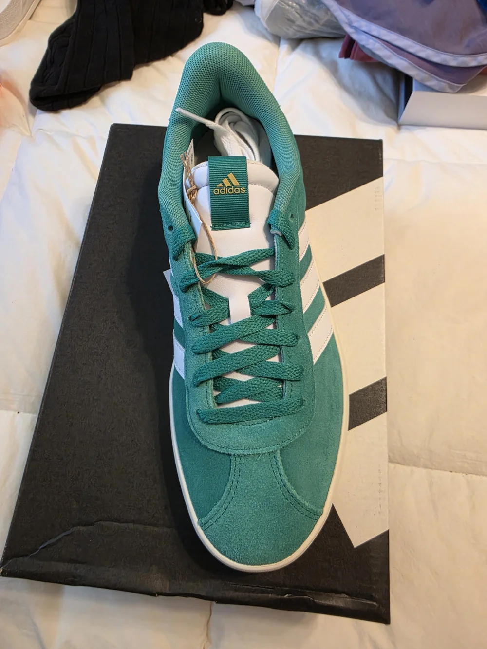 Green Suede Low-Top Sneakers with White Stripes